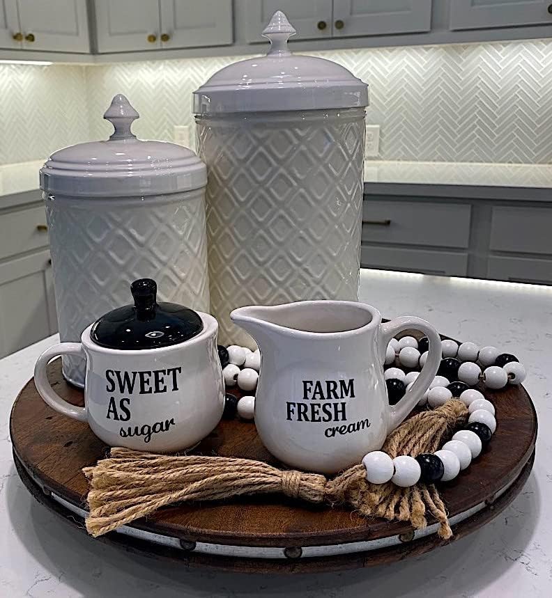 Set Sugar Bowl and Cream Server Holder Ceramic Black & White Farmhouse