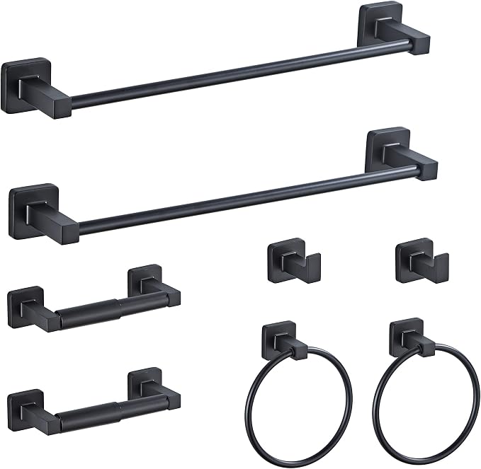 Matte Black Bathroom Hardware Set 8 Pieces, Towel Bar Set Stainless Steel Wall by bluebyrne
