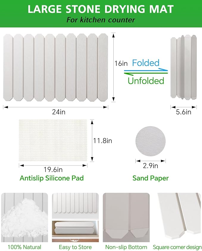 White Stone Drying Mat for Kitchen Counter, Diatomaceous Dish Drying Mat 16x24 - Image 2