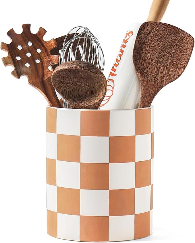 Utensil Holder，7.2 Inch Checkered Utensil Holder, Ceramic Cooking Utensil by Swkien