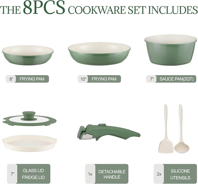 Ceramic Cookware Set Non Stick 8Pcs Pots and Pans Set Detachable Handle - Image 2