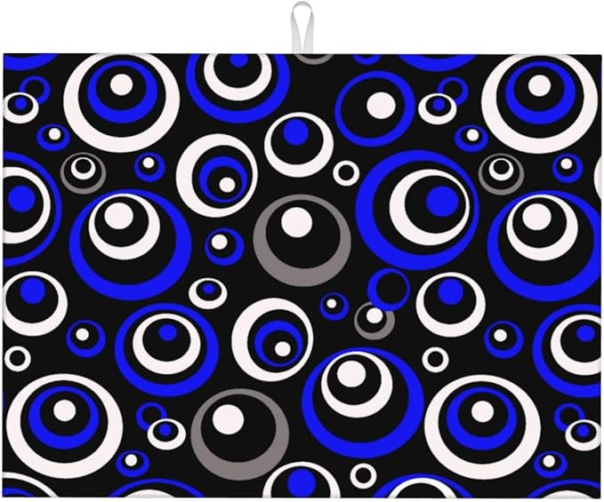 Blue Black White Geometric Circle Dish Drying Mat by Unknown
