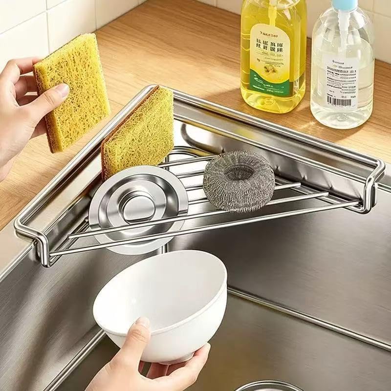 Triangle Dish Drying Rack for Sink Corner, Black and Silver