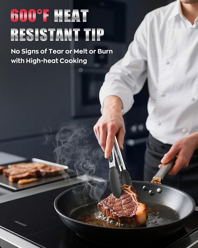 600ºF Heat Resistant Kitchen Tongs, Premium Locking Cooking Tongs - Image 2