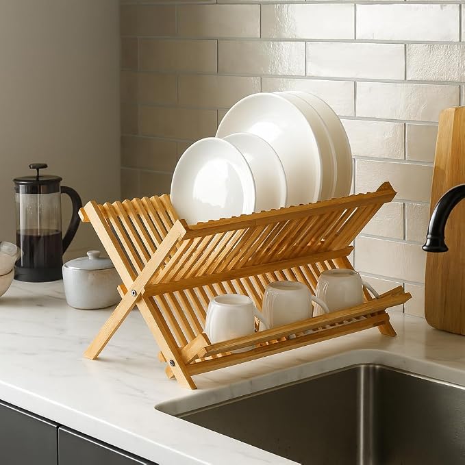 HIC Kitchen Bamboo Folding Dish Drying Rack, 20.5 x 13-Inches - Image 3