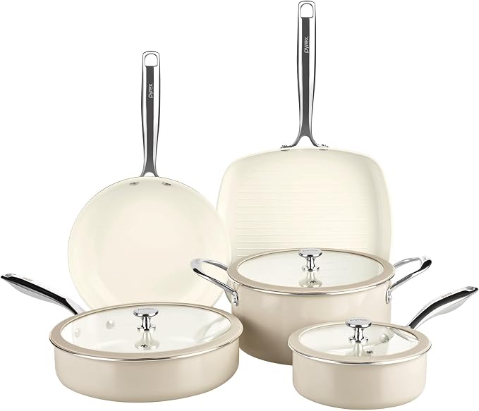 Pyrex 8-Piece Ceramic Cookware Set, Pots and Pans by Pyrex