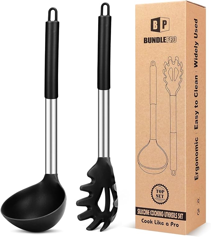 Silicone Pasta Fork and Ladle Spoon Set, Large Non Stick Kitchen Utensils by BUNDLEPRO