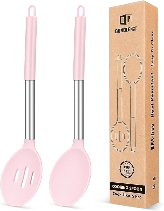Pack of 2 Large Silicone Cooking Spoons, Non Stick Solid Basting Spoon by BUNDLEPRO