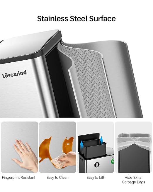 Dual Trash and Recycling Bins for Kitchen, 13.2 + 5.2 Gal Stainless Steel Trash - Image 3