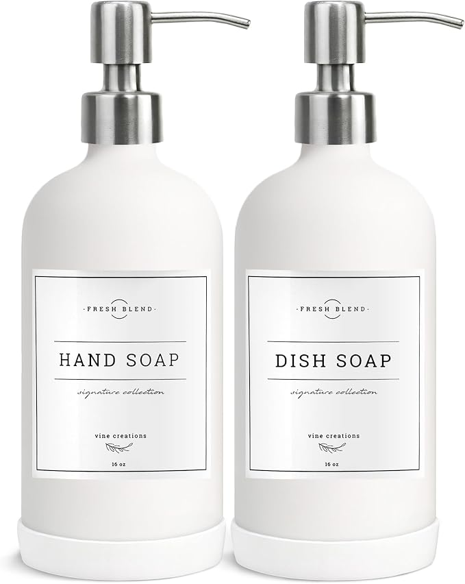 Vine Creations White Glass Soap Dispenser, 2 Pack Kitchen Soap Dispenser Set by VineCreations