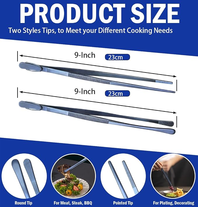 JETKONG 2 Pcs 9-Inch Cooking Tweezer Tongs Stainless Steel Kitchen Tweezers - Image 3