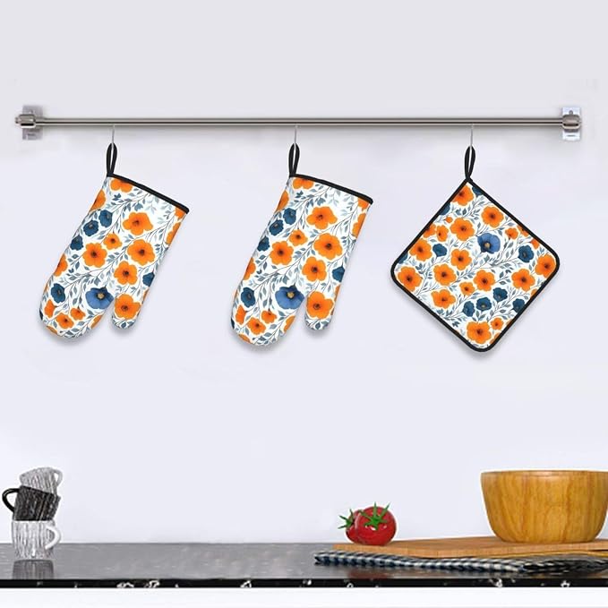 Spring Orange Blue Floral Oven Mitts and Pot Holders Sets of 3, Heat Resistant - Image 2