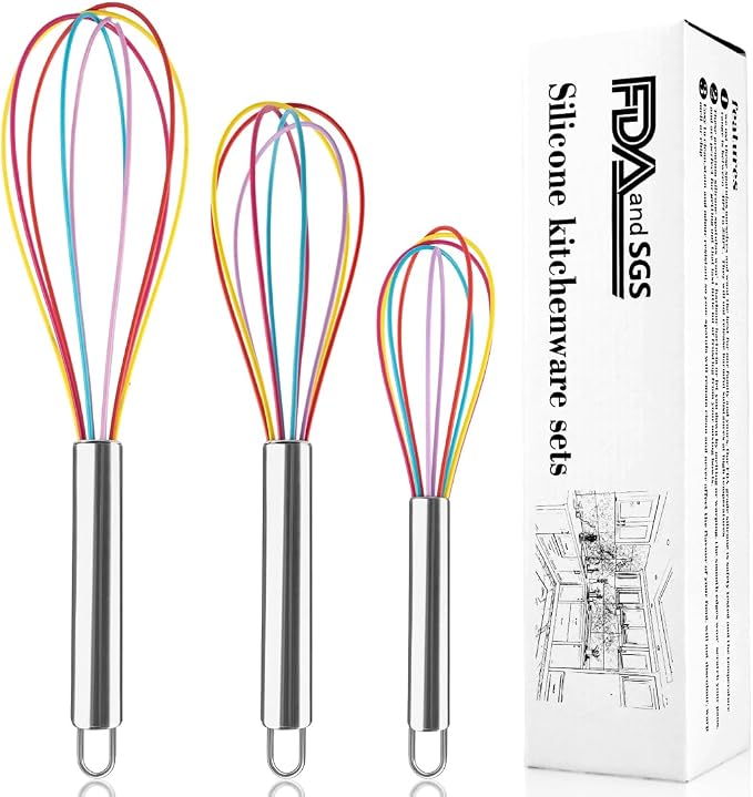 Silicone Whisk Set, Stainless Steel Handle Whisk 8" 10" 12" Rubber Whisks by PollyOnline