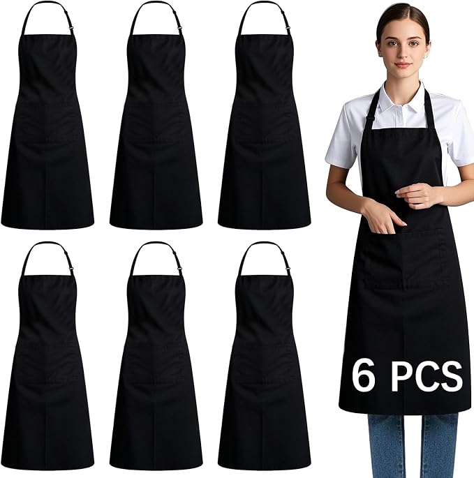 Bib Apron - Unisex Black Aprons 6 Pockets Cooking Kitchen Apron by WelcometoARKBAODAN