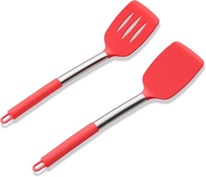 Silicone Spatula Set of 2, E-far Solid & Slotted Turner by E-far