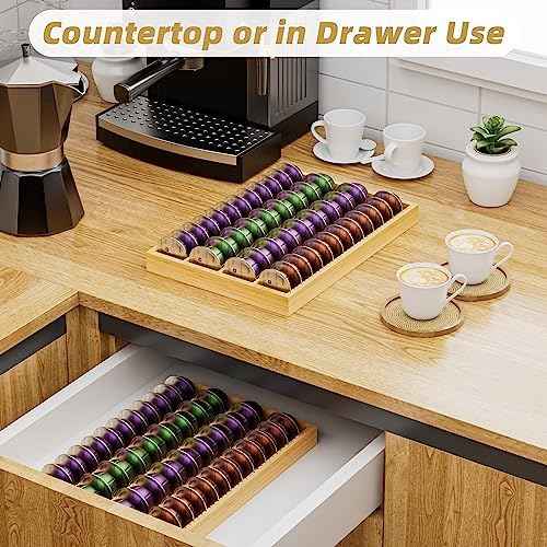 MinBoo Bamboo Coffee Pod Storage Holder Drawer Insert for Counter Compatible Nespresso Vertuo Vertuoline Capsules for Kitchen, Home, Office, Coffee Station