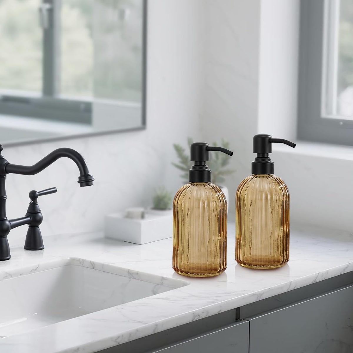 16 OZ Amber Glass Soap Dispenser, Amber Stripe Bathroom Hand Soap