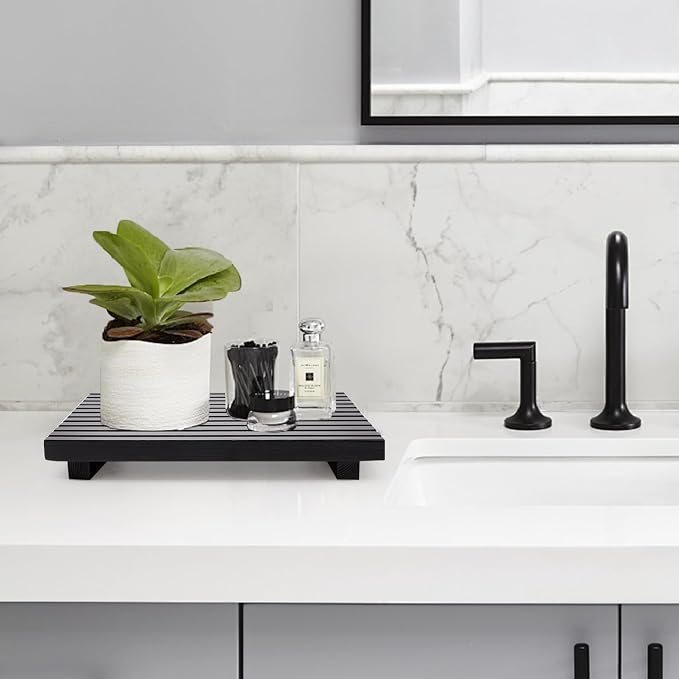 Renawe Black Bathroom Counter Tray Organizer Wood Riser Stand Kitchen - Image 6
