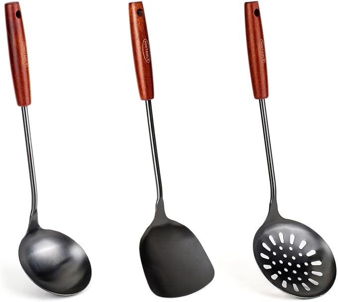 FJNATINH Wok Spatula and Ladle, Skimmer Ladle Tool Set, 17inches Spatula by HOMEKITCHENTOOL