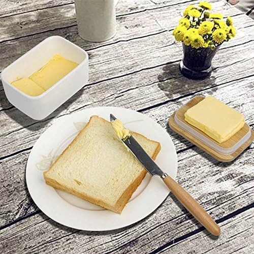 Porcelain Butter Dish with Bamboo Lid, Ceramic Butter Keeper Container