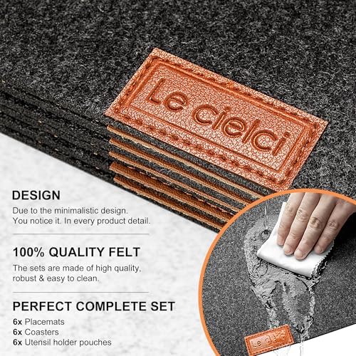 6 Placemats, 6 Coasters & 6 Cutlery Bags, Dark Gray Felt Table Mats