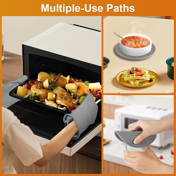 AUAUY Oven Mitts with 2 Potholders, Silicone Oven Gloves Heat Resistant 464°F - Image 6