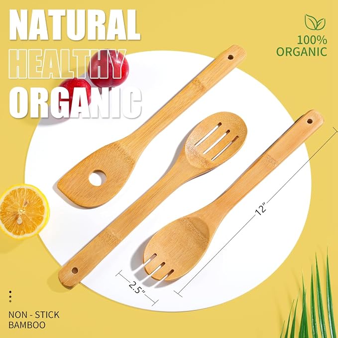 IOOLEEM Bamboo Wooden Spoons for Cooking 6 Pcs 12 Inch, Non-Stick Wooden - Image 5