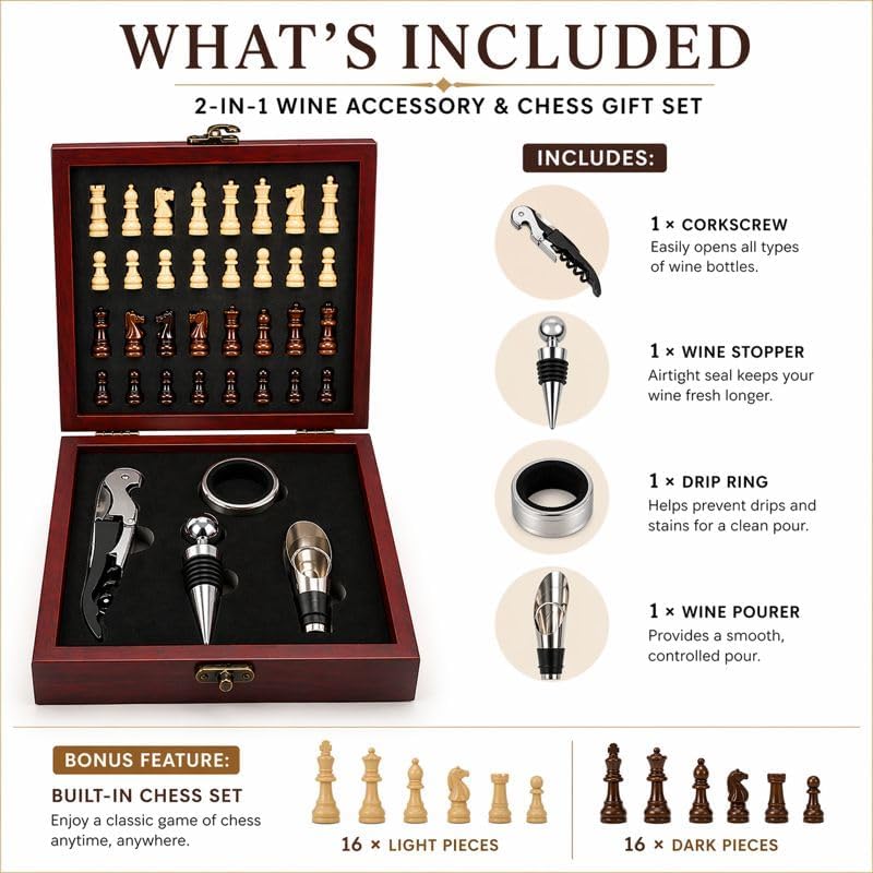 Wine Gift Set with Chess Board – Wine Accessories Kit for Men & Women