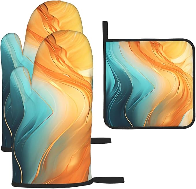 Orange Teal Marble Oven Mitts and Pot Holders Sets of 3 Kitchen Hot Pads Modern by Unknown