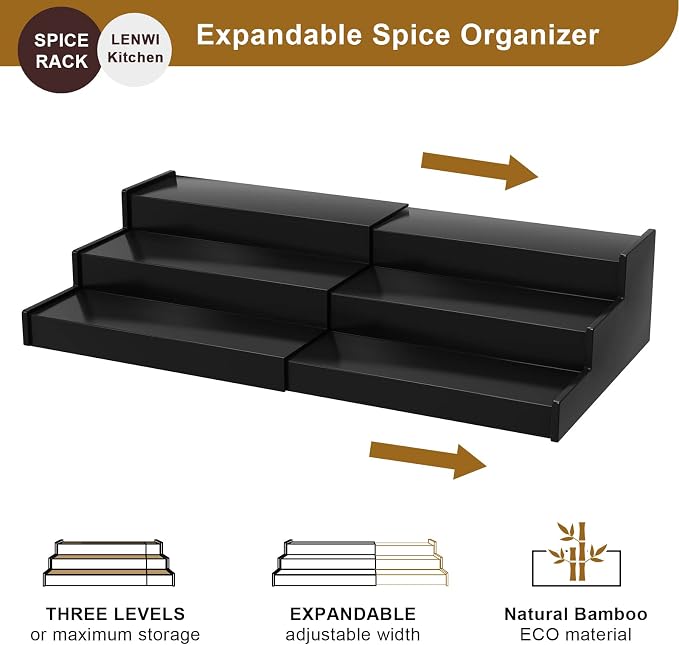 Lenwi Spice Rack Organizer for Cabinet 2 Pack, 3 Tier Expandable Bamboo Spice - Image 4