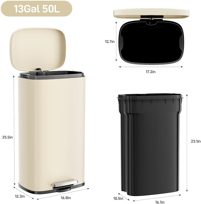 Arlopu 8/13.2 Gallon Step Trash Can, Stainless Steel Garbage Bin, Soft-Close - Image 2