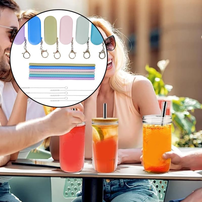 6 Sets Silicone Reusable Straws with Cases & Cleaning Brushes