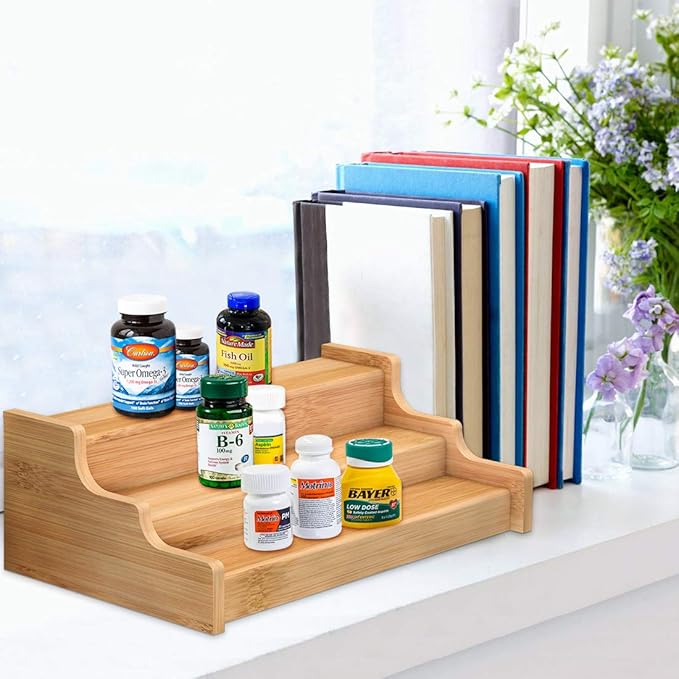 Spice Rack Kitchen Cabinet Organizer- 3 Tier Bamboo Expandable Display Shelf - Image 4
