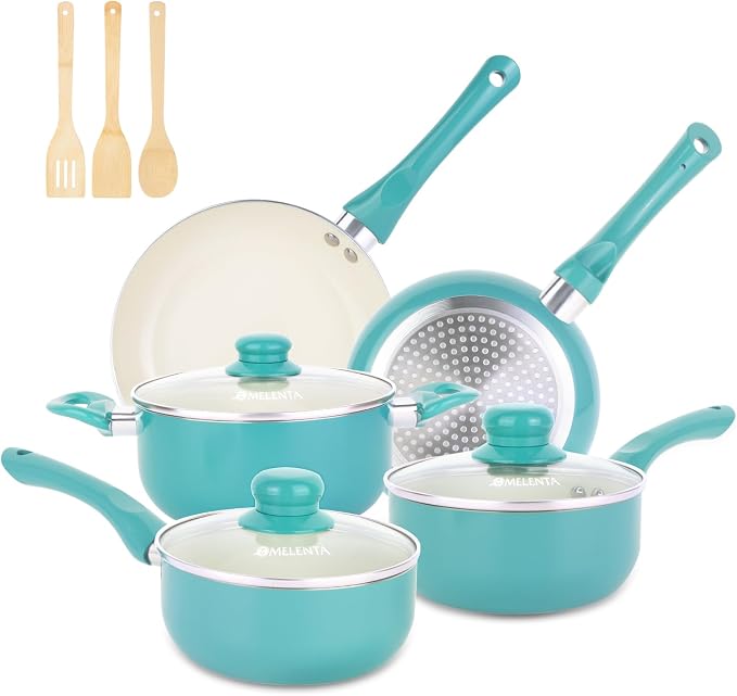 M MELENTA Pots and Pans Set Nonstick, Ceramic Non Stick Cooking Set, Stay Cool by MMELENTA