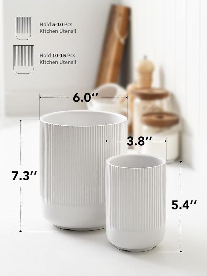 LE TAUCI Utensil Holder for Kitchen Counter, 7.3"+5.4" Fluted Ceramic Utensil - Image 6
