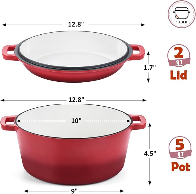 TeamFar 2-In-1 Enameled Cast Iron Dutch Oven, 5 Quart Dutch Oven Pot Cookware - Image 2