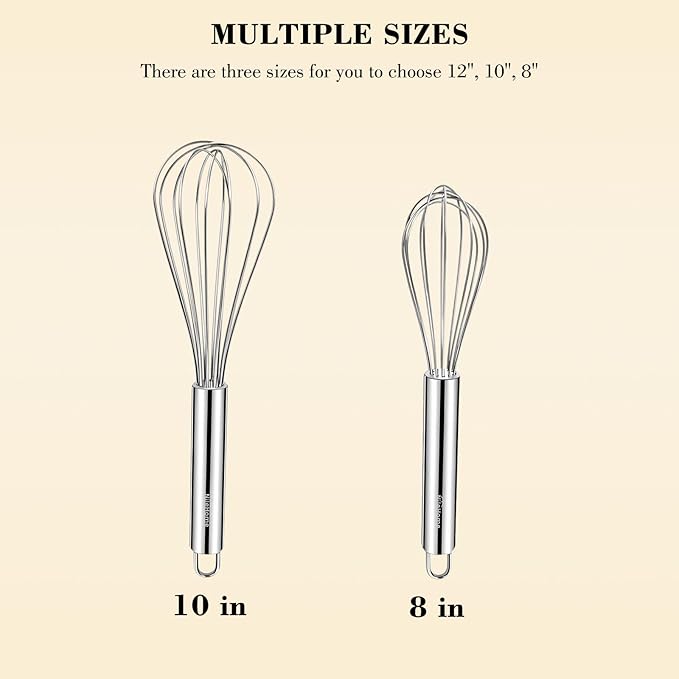 NileHome Whisk, Stainless Steel Wisk Set 8" 10" Kitchen Whisk Wisking Tool - Image 2