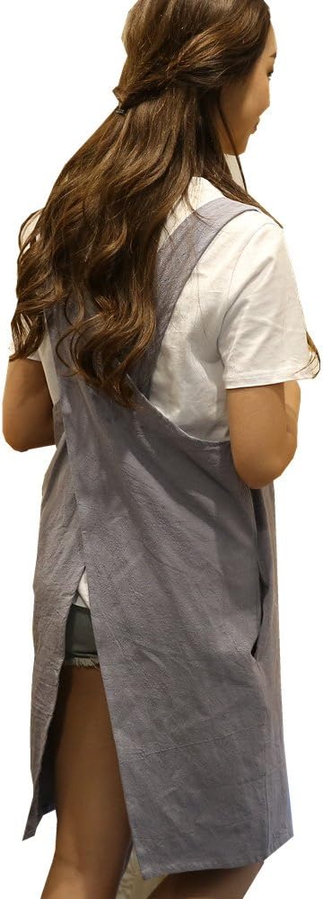 Cotton Linen Japanese Apron Halter Cross Back Bandage X Shape Aprons Two Pockets - Image 3