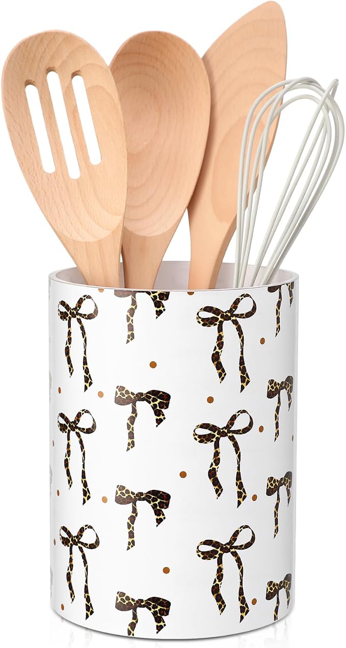 WILLBOND Leopard Print Bow Kitchen Decor Acrylic Kitchen Utensil Holder Crock by Willbond+Technology+Limited