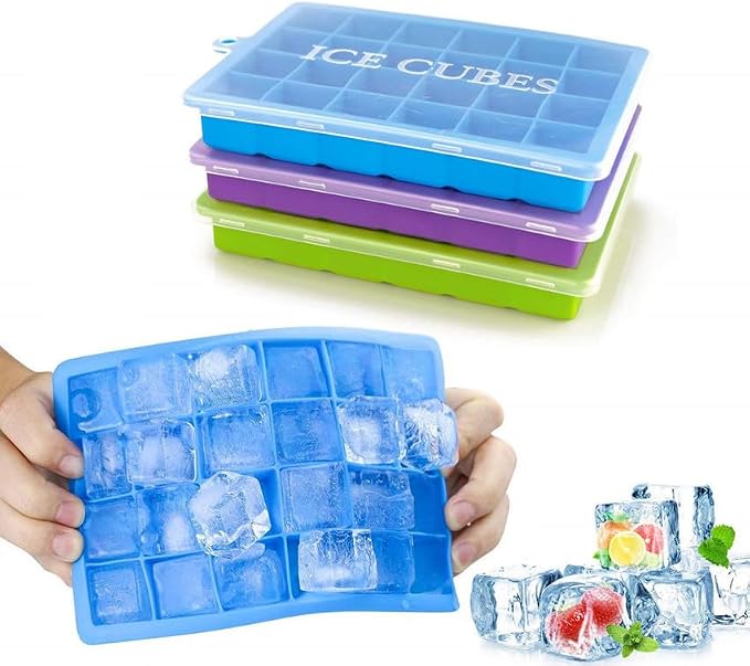 Ice Cube Tray with Lid and Bin, 3 Pack 72 Cubes Silicone Plastic Ice Cubes Trays by Orounla