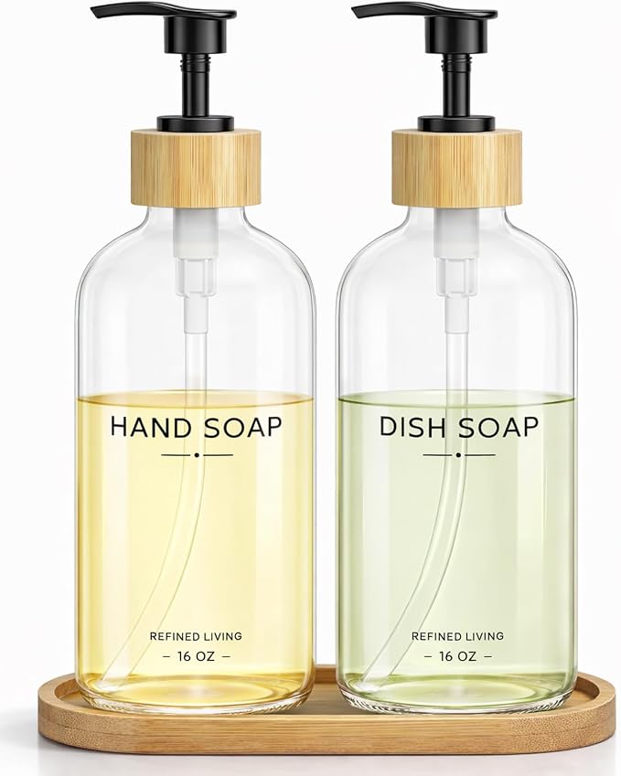 Hand and Dish Soap Dispenser Set, 16oz Glass Bottles by Aeakey