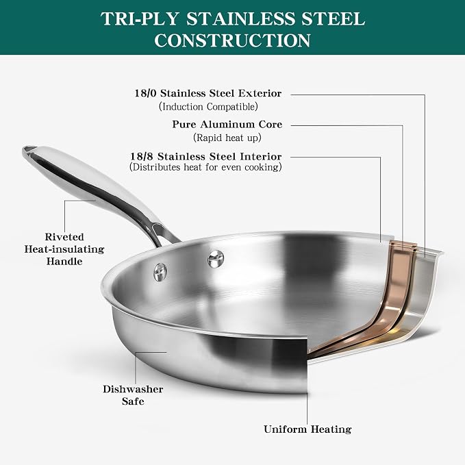 EWFEN Pots and Pans Set, 3 Ply 11 Piece Stainless Steel Cookware Set, Oven - Image 5
