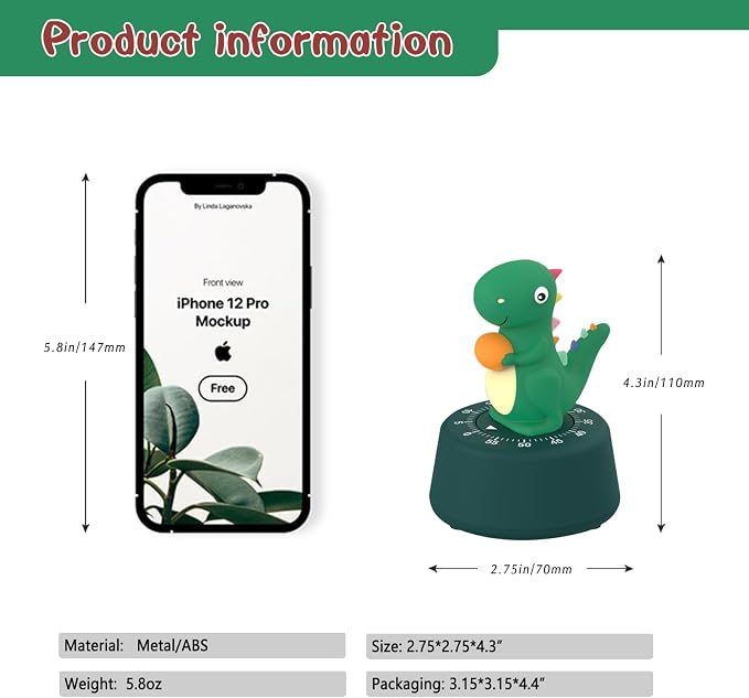 ELE DEPI 60 Minutes Mechanical Kitchen Timer, Cute Dinosaur Timer - Image 6