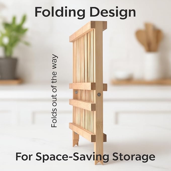 HIC Kitchen Bamboo Folding Dish Drying Rack, 20.5 x 13-Inches - Image 4
