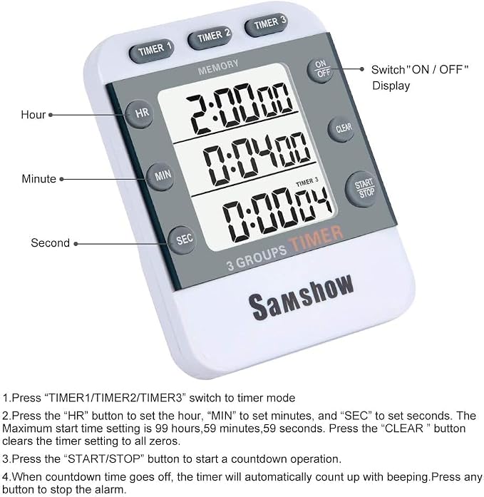 Digital Kitchen Timers for Cooking Triple Timer Count UP/Down Dual Timer Large - Image 3