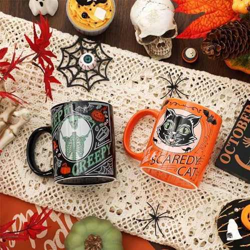 Whaline 4Pcs Halloween Mug Pumpkin Black Cat Bat Skeleton Coffee Mug