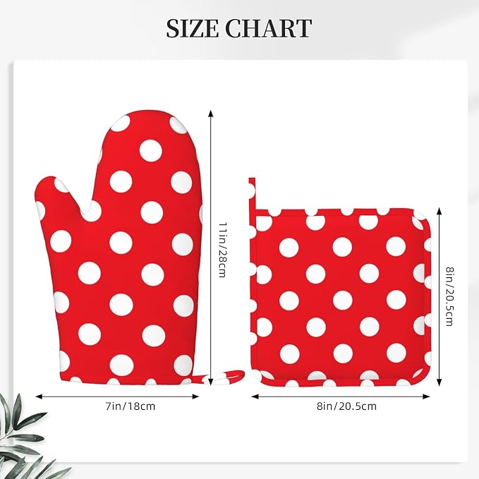 Red and White Polka Dot Oven Mitts and Pot Holders Sets of 4, Heat Resistant - Image 2