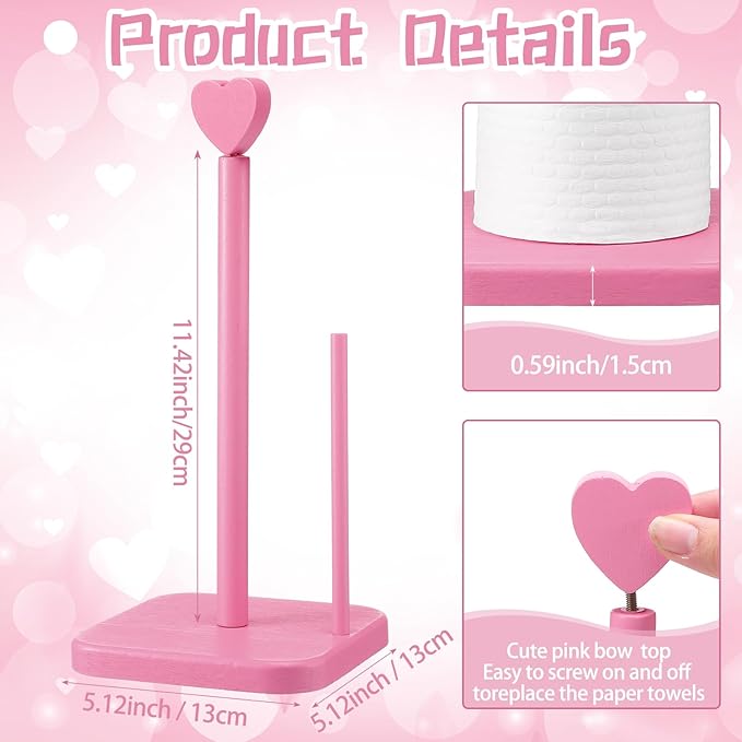 Leinuosen Valentines Day Pink Heart Paper Towel Holder Cute Heart Wooden Paper - Image 2
