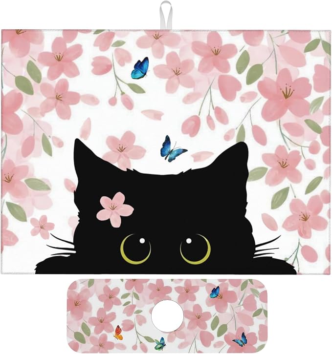 Flowers Black Cat Butterfly Dish Drying Mat by Unknown