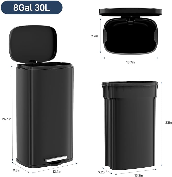 Arlopu 8 Gallon Step Trash Can, Stainless Steel Garbage Bin, Soft-Close Rubbish - Image 2